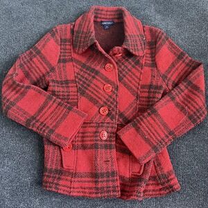 Splendor Jacket Womens Medium Red Plaid 100% Wool Button Front Collared Short